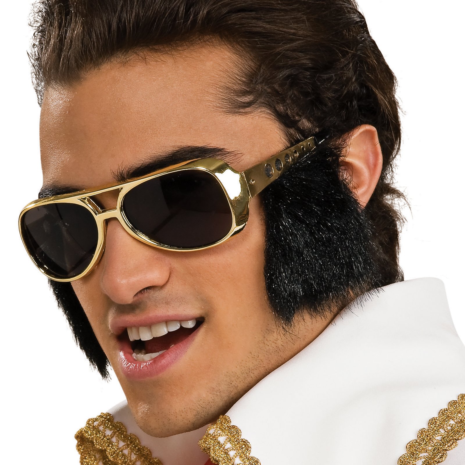 A167 50's Elvis Rock and Roll Gold Glasses with Sideburns Costume Accessory