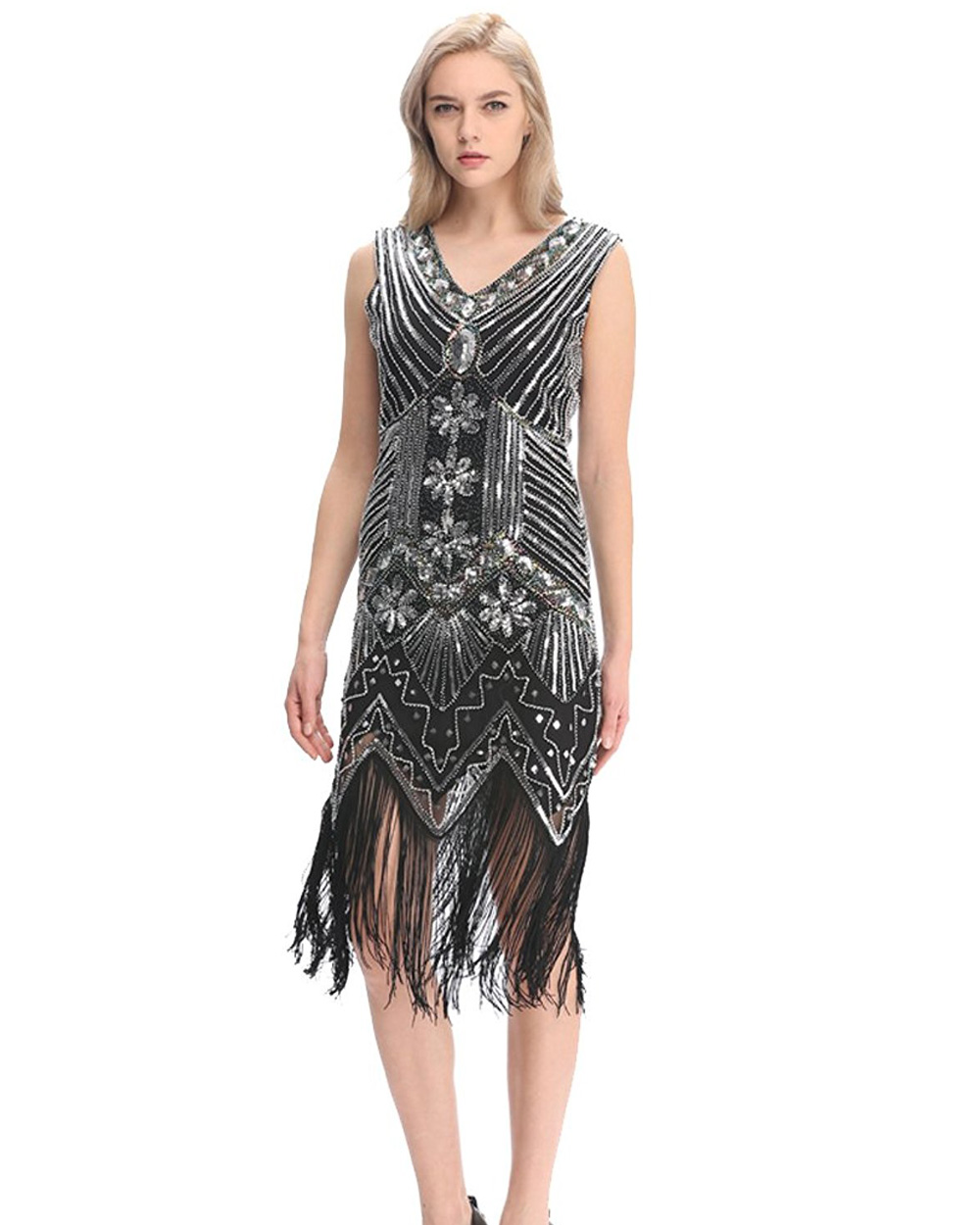 K225A Ladies 1920s Roaring 20s Flapper Costume Sequin Pearls Outfit ...