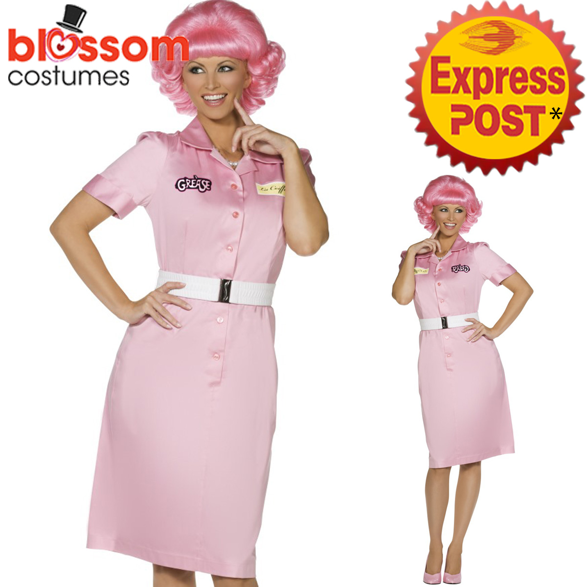 CA193 Frenchy Grease Costume Pink Beauty School 1950s 1970s Fancy Dress ...