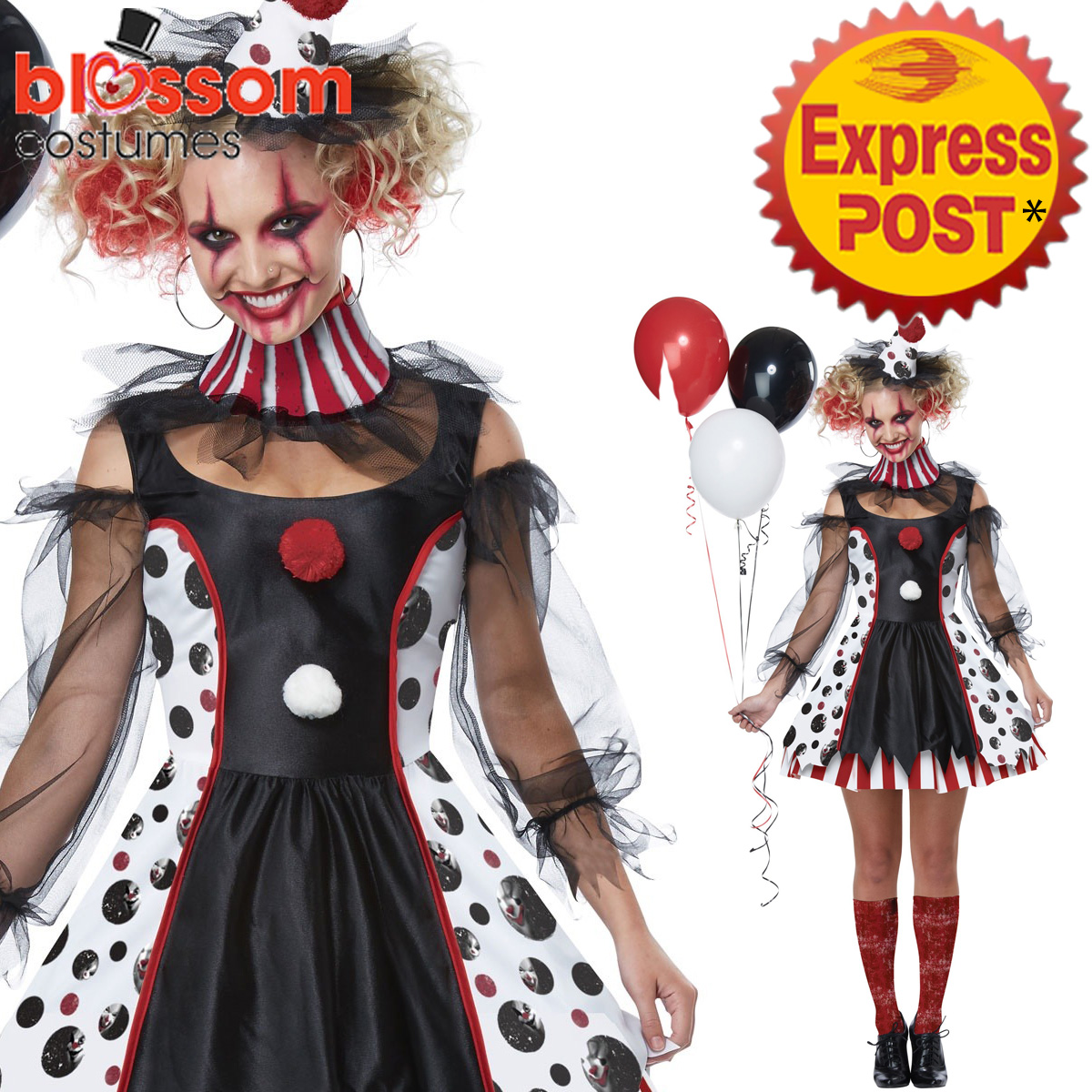 CA465 Ladies Twisted Clown Jester Halloween Harlequin Circus Fancy ...