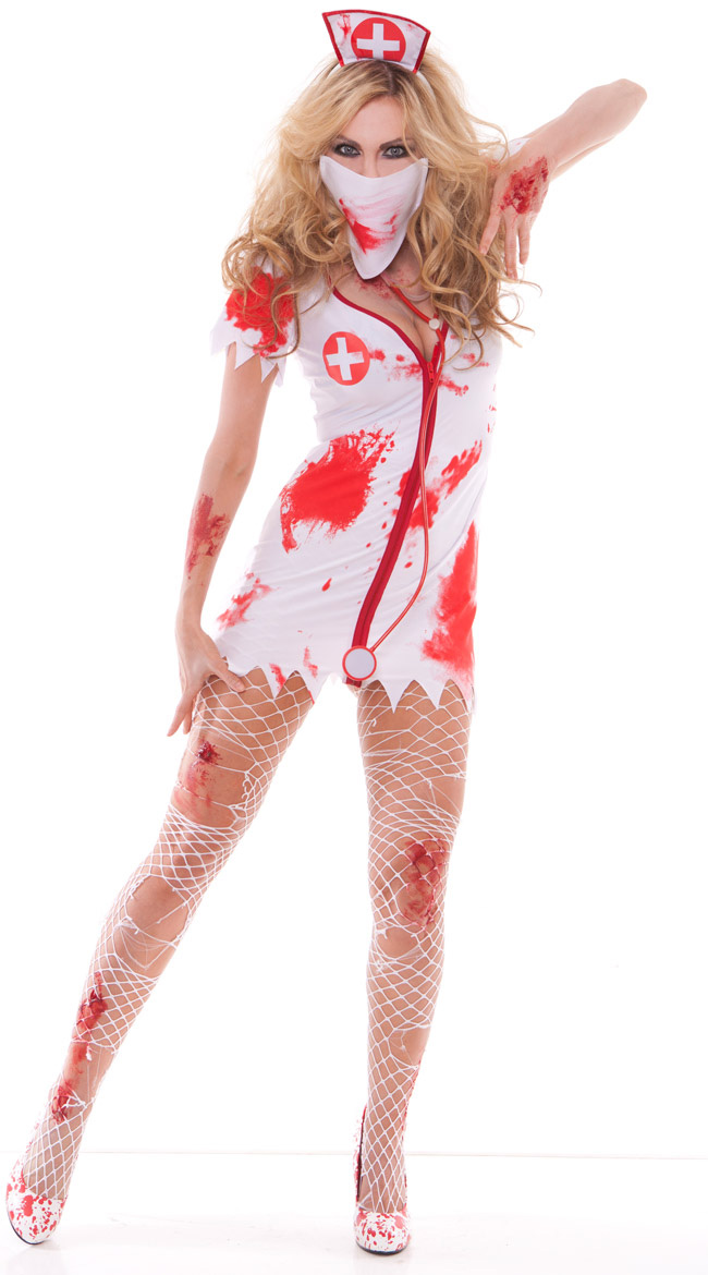 Stockings Ladies Fancy Dress Halloween Womens Costume New Zombie Bloody Nur...